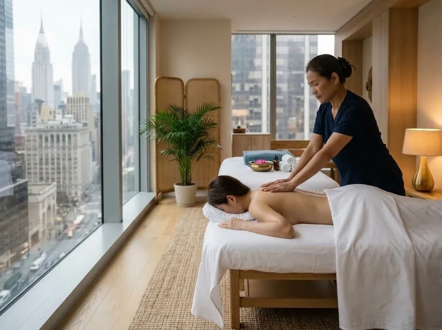 A therapist working on the shoulders of a guest draped in a white sheet