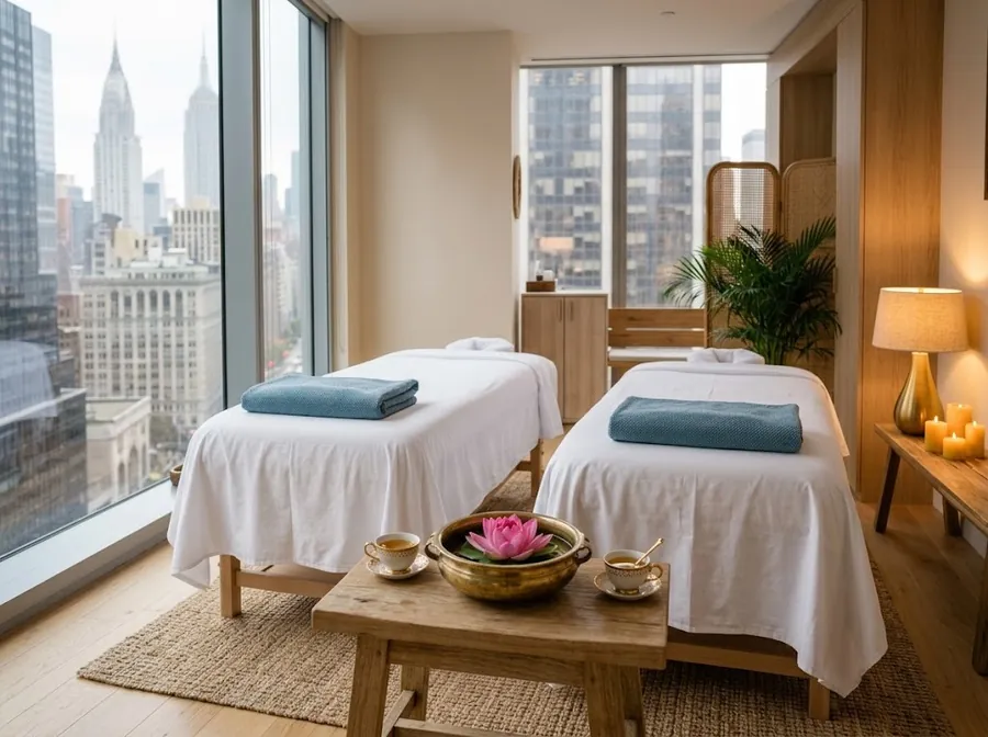 Two massage tables side by side with herbal tea and a lotus between them