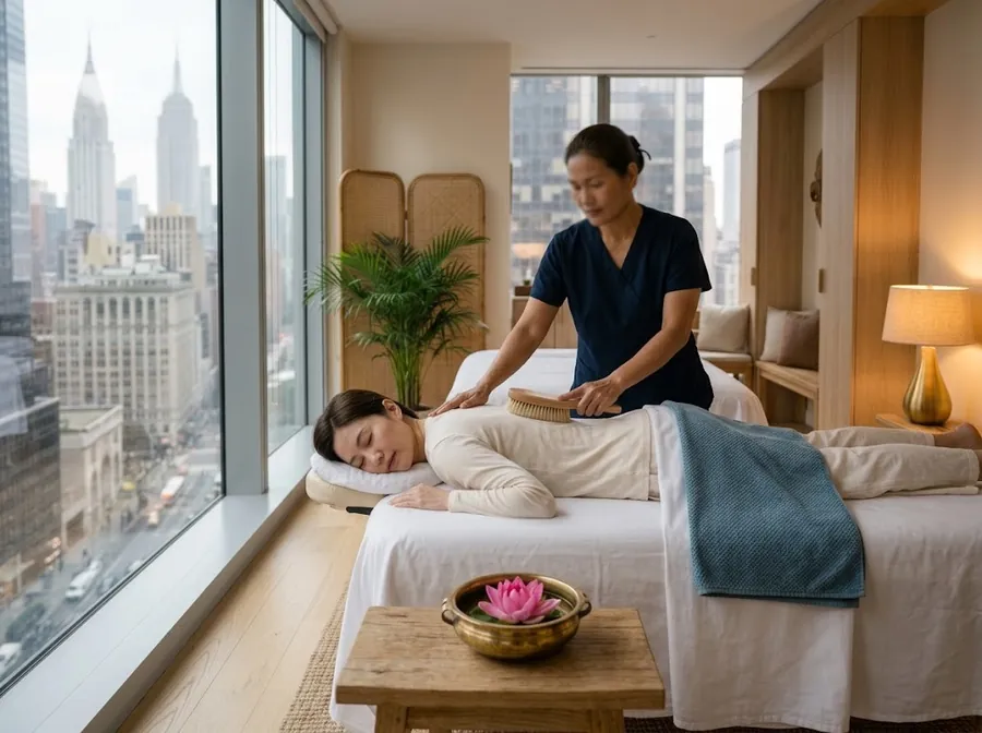 A fully clothed guest resting face down while a therapist draws a soft brush across her upper back