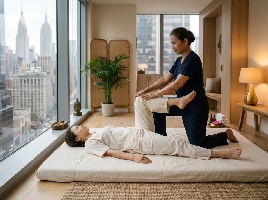 A therapist gently stretching a clothed guest during a traditional Thai massage