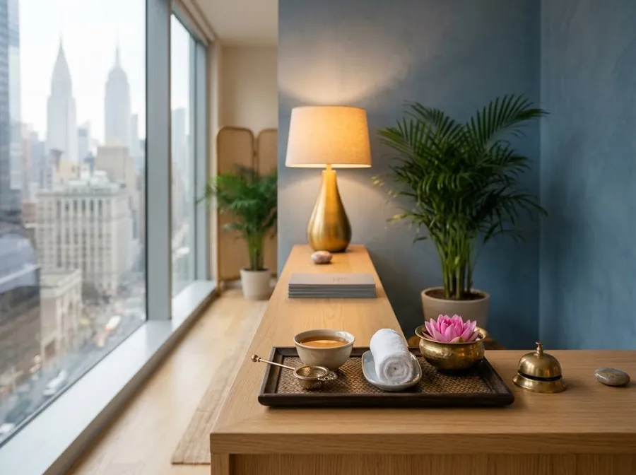 Herbal tea, a cool towel and a lotus waiting on a wooden counter